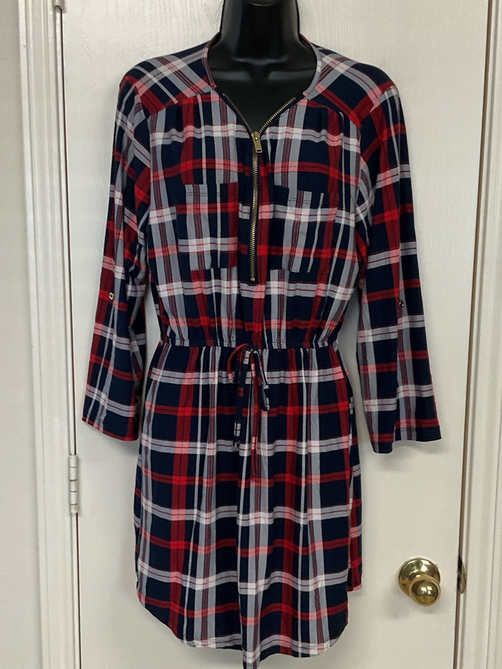 Wishful Park Navy, Red & White Plaid Zip-Front Drawstring Mini Dress